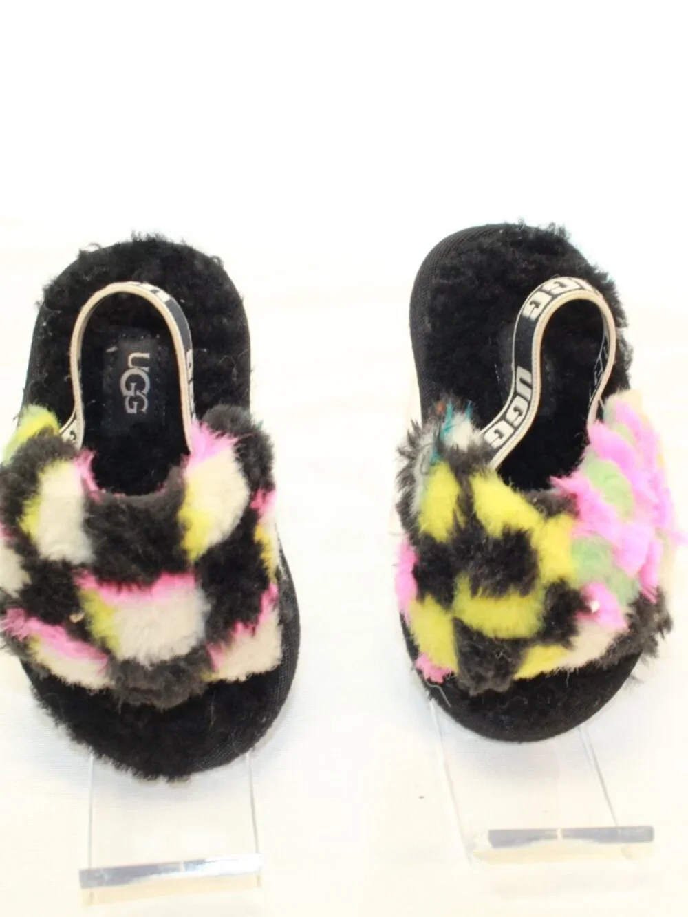 UGG Size Baby 6 Checks Black Fluff Yeah Slide Faux Fur Slipper Sandals 1130391T